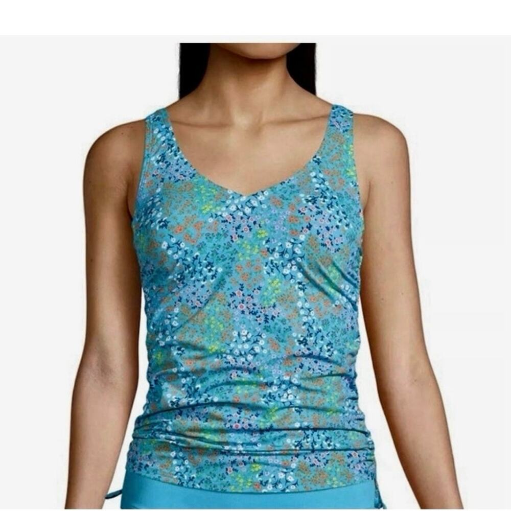 Lands End Tankini Swim Top Turquoise Floral Ruched Sides V Neck beach Women 10D
